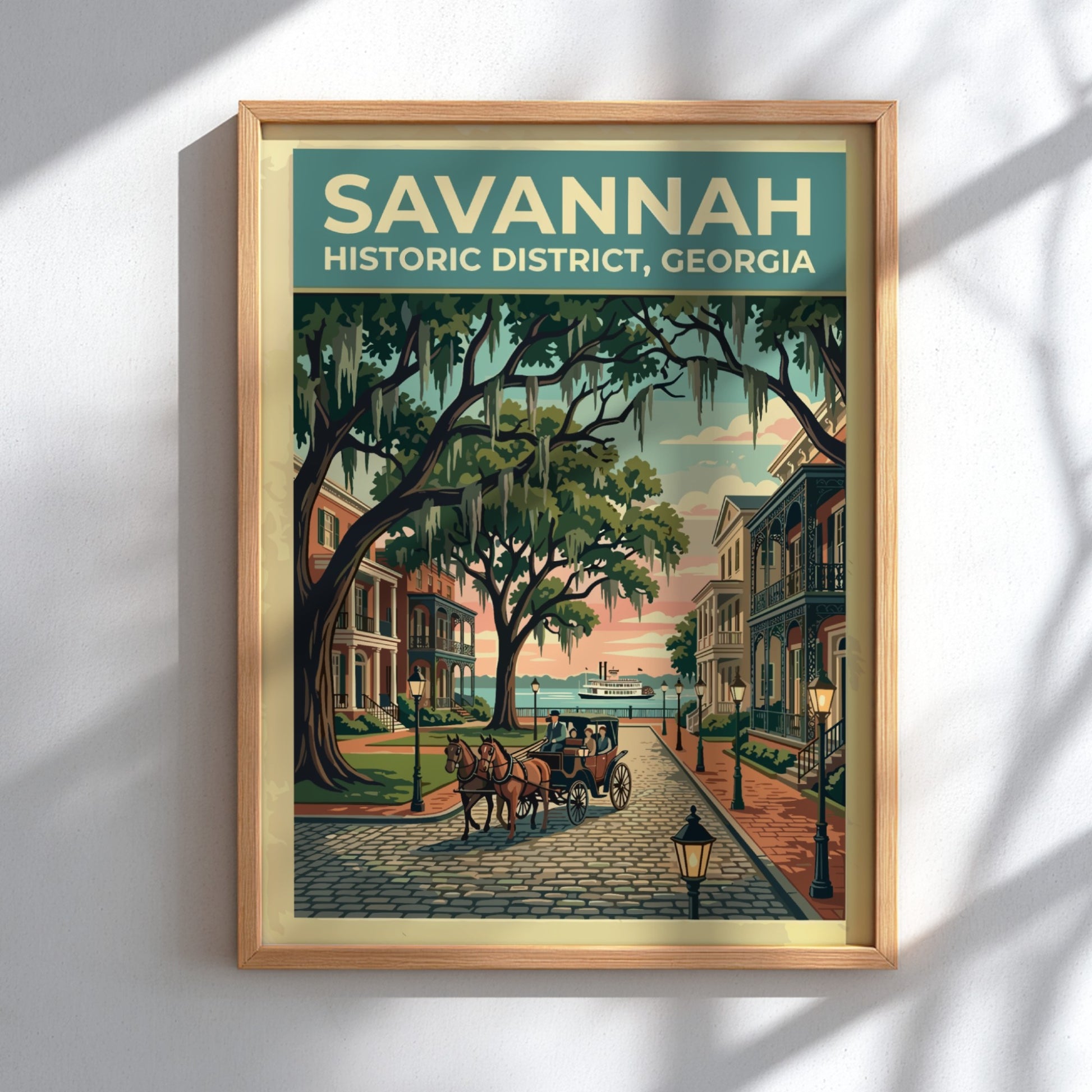 Travel poster of Savannah Historic District featuring a horse-drawn carriage under moss-draped oak trees.