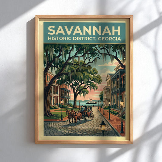 Travel poster of Savannah Historic District featuring a horse-drawn carriage under moss-draped oak trees.