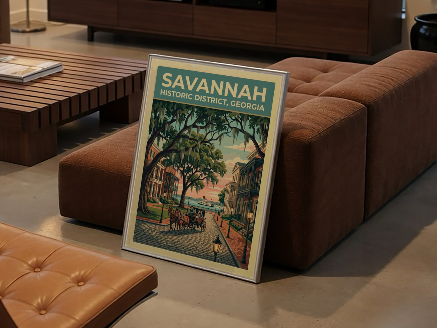 Travel poster of Savannah Historic District featuring a horse-drawn carriage under moss-draped oak trees.