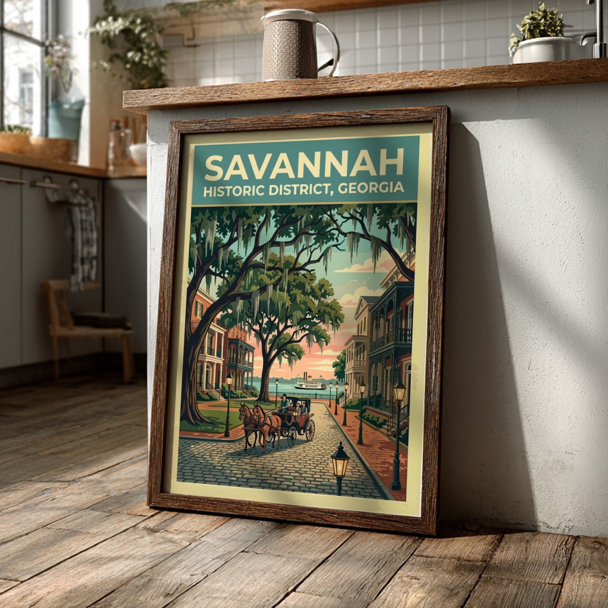Travel poster of Savannah Historic District featuring a horse-drawn carriage under moss-draped oak trees.