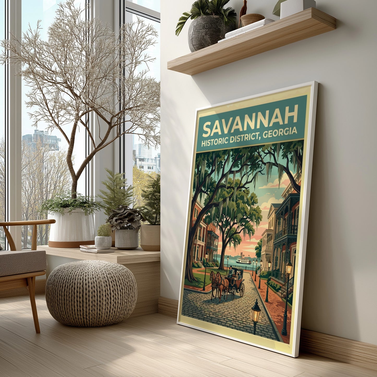 Travel poster of Savannah Historic District featuring a horse-drawn carriage under moss-draped oak trees.