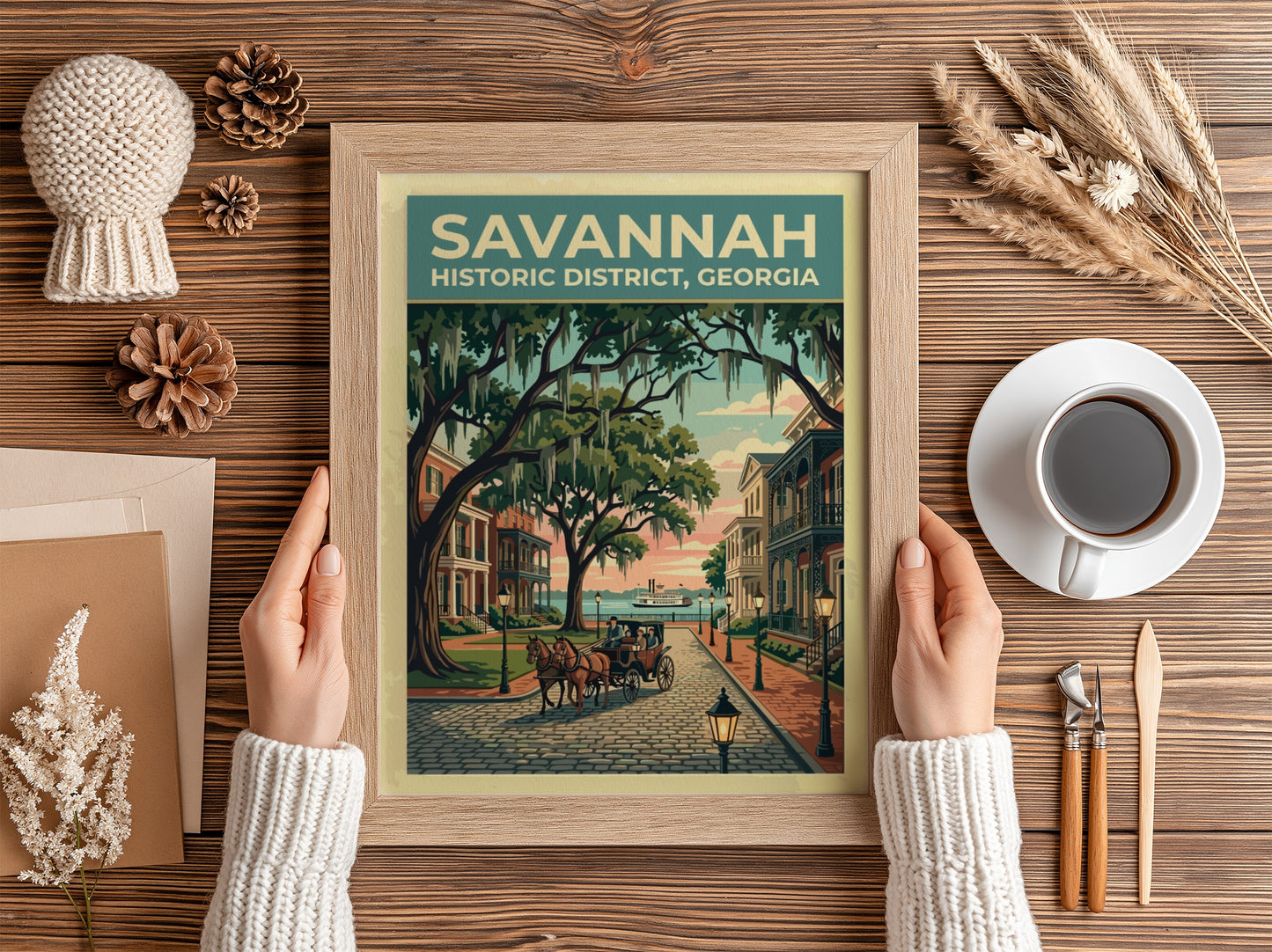 Travel poster of Savannah Historic District featuring a horse-drawn carriage under moss-draped oak trees.