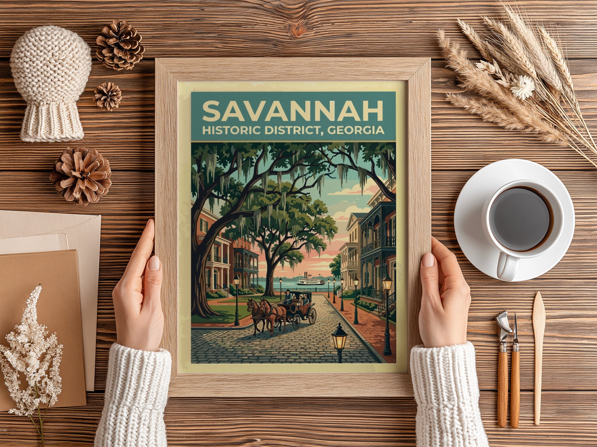 Travel poster of Savannah Historic District featuring a horse-drawn carriage under moss-draped oak trees.