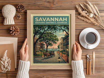Travel poster of Savannah Historic District featuring a horse-drawn carriage under moss-draped oak trees.