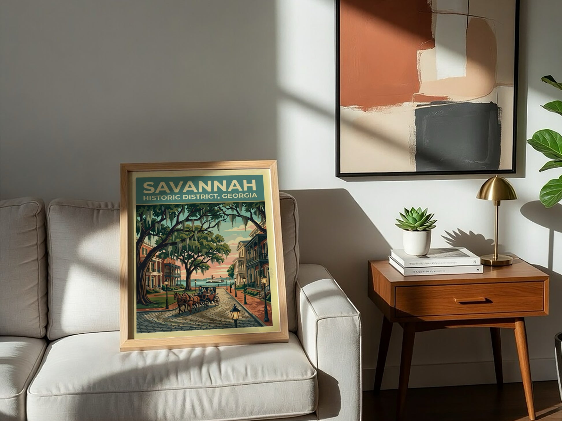 Travel poster of Savannah Historic District featuring a horse-drawn carriage under moss-draped oak trees.