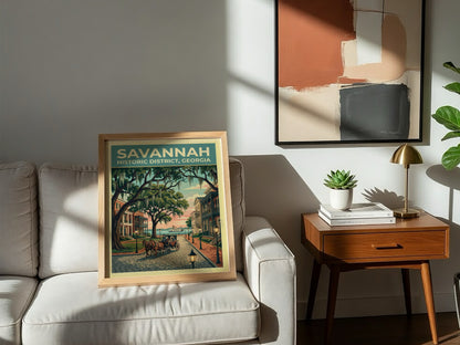 Travel poster of Savannah Historic District featuring a horse-drawn carriage under moss-draped oak trees.
