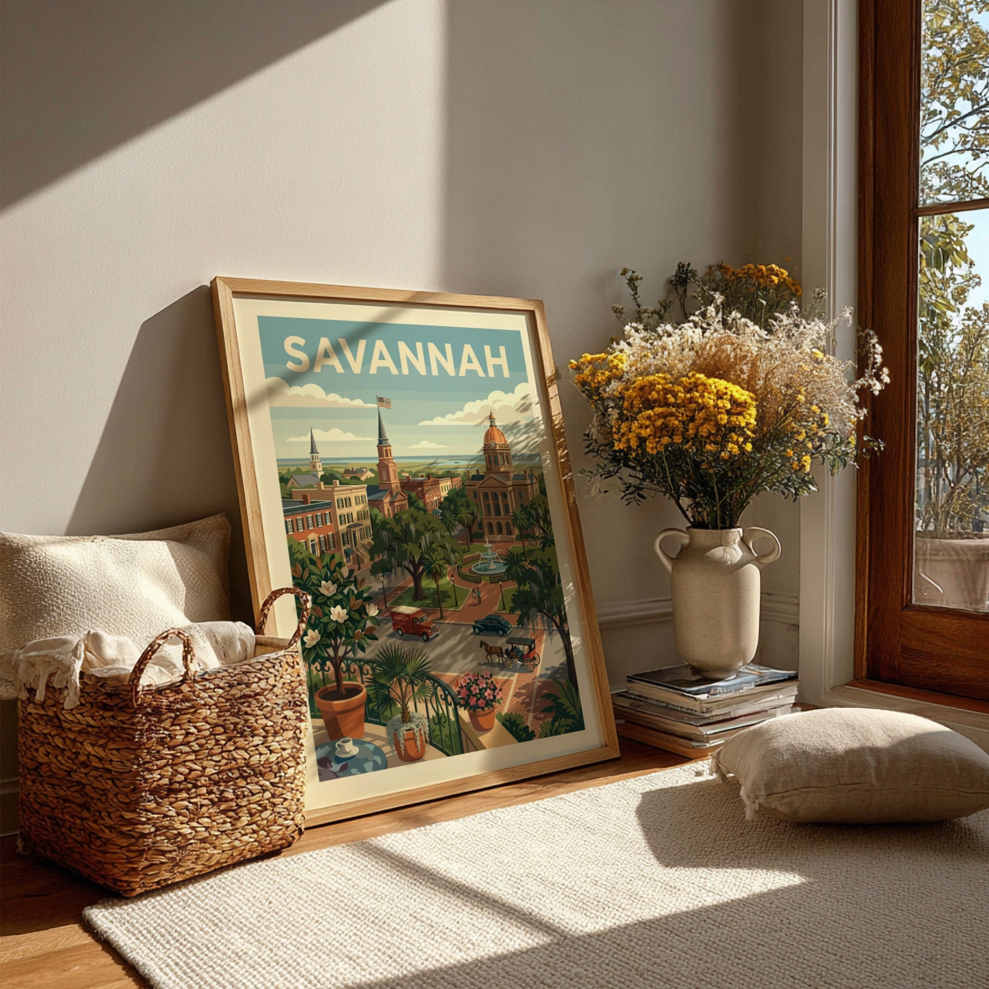 Vintage Savannah cityscape print with historic buildings, a fountain, and trees in a retro style.