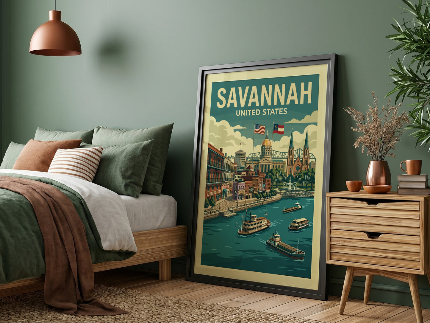 Vintage Savannah travel poster illustration of River Street with paddlewheel boats and historic buildings.