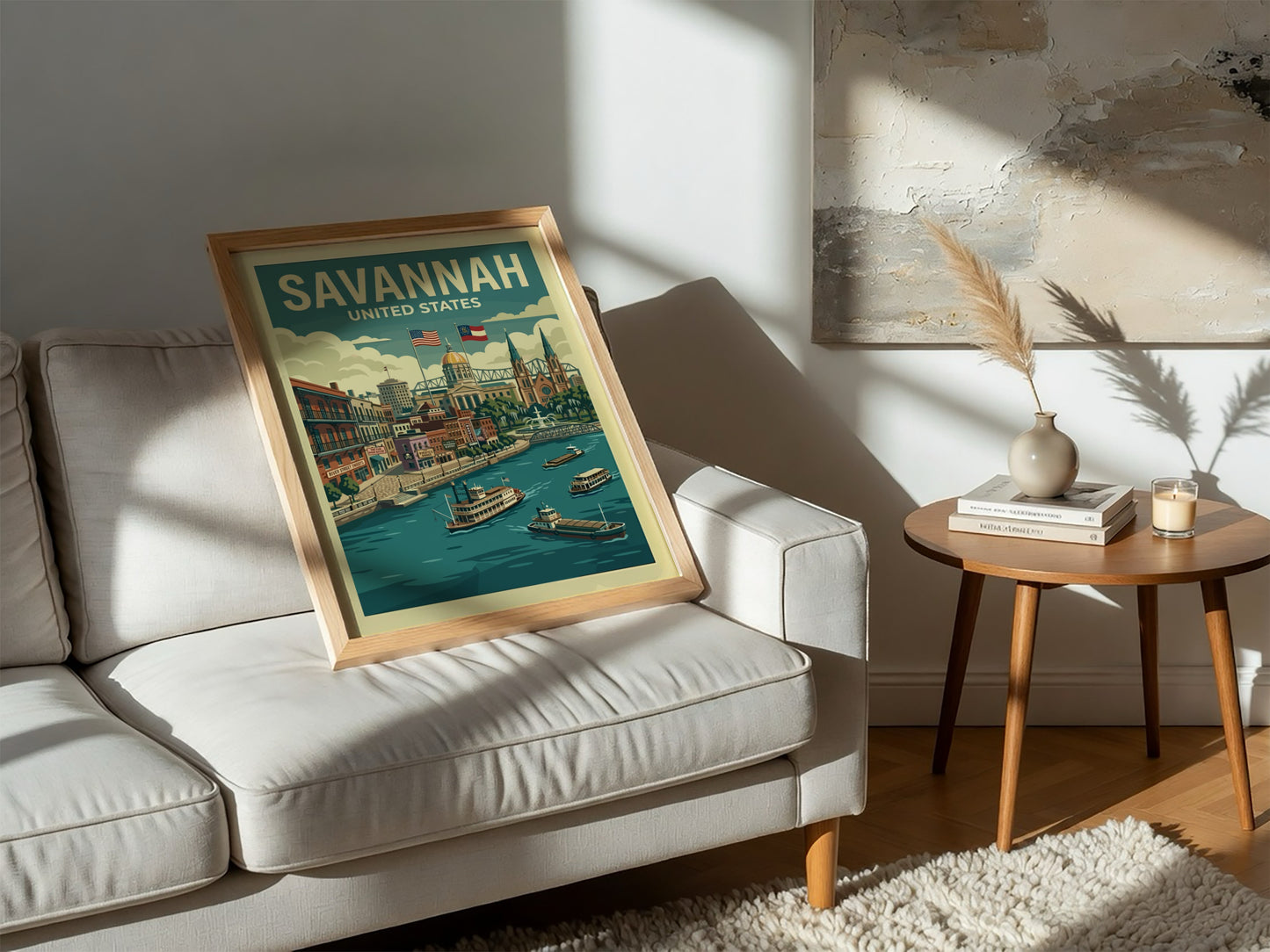 Vintage Savannah travel poster illustration of River Street with paddlewheel boats and historic buildings.