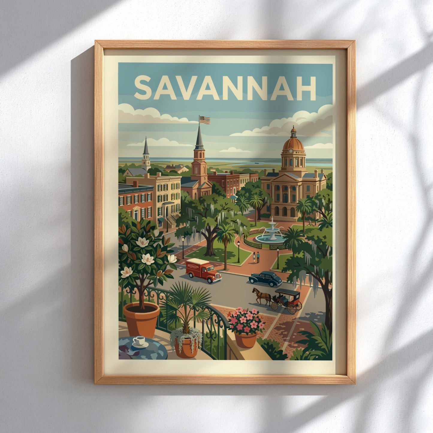 Vintage Savannah cityscape print with historic buildings, a fountain, and trees in a retro style.