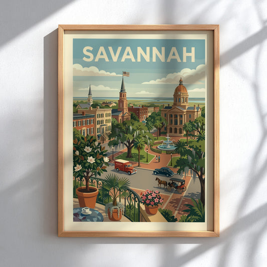 Vintage Savannah cityscape print with historic buildings, a fountain, and trees in a retro style.