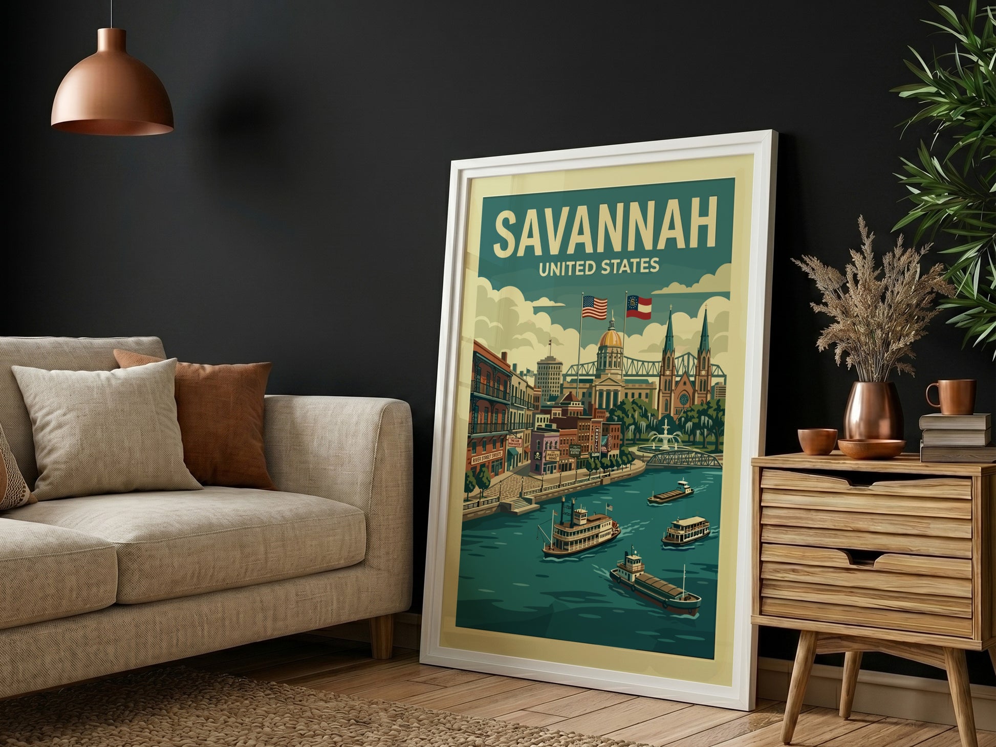 Vintage Savannah travel poster illustration of River Street with paddlewheel boats and historic buildings.