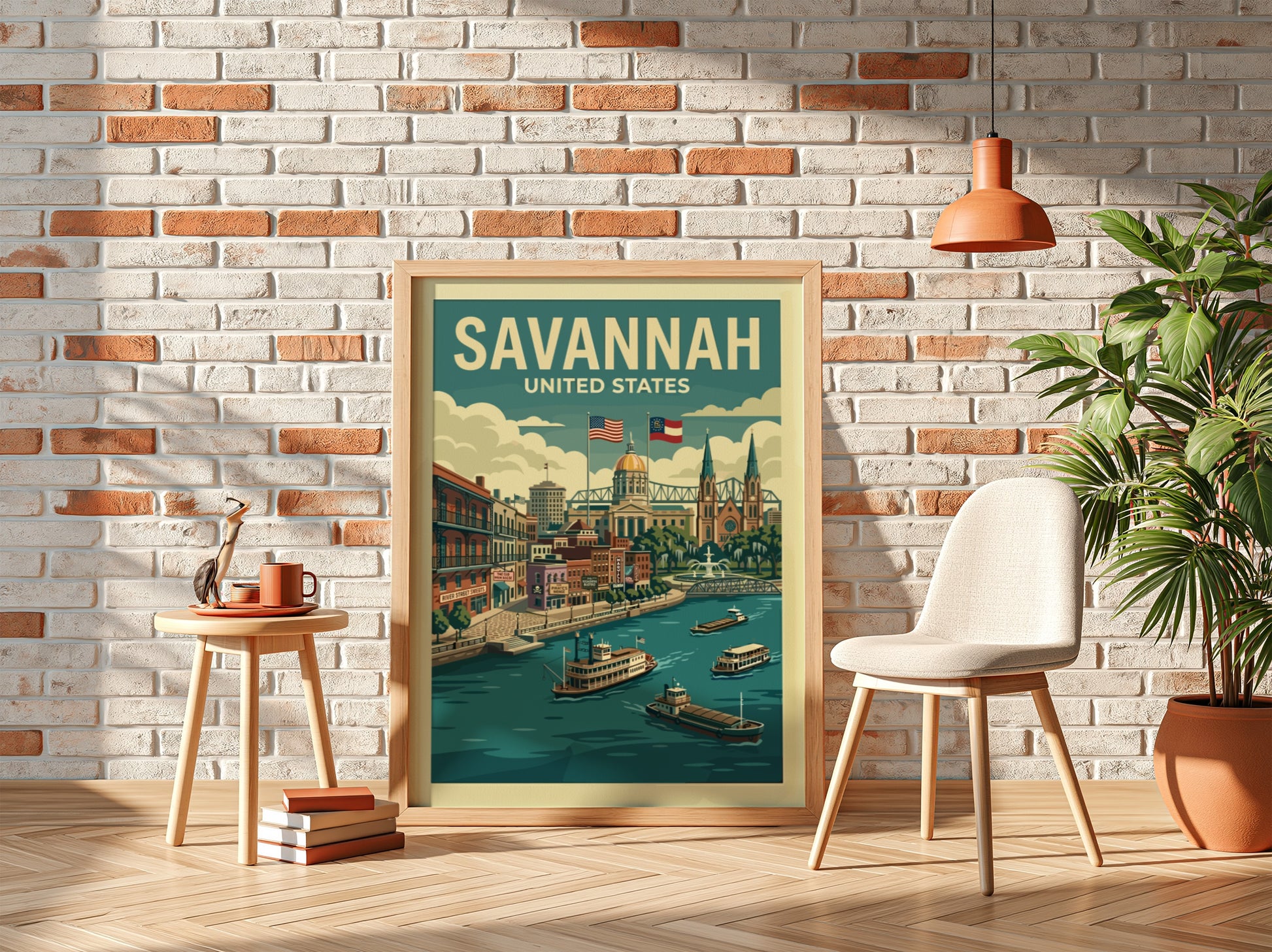 Vintage Savannah travel poster illustration of River Street with paddlewheel boats and historic buildings.