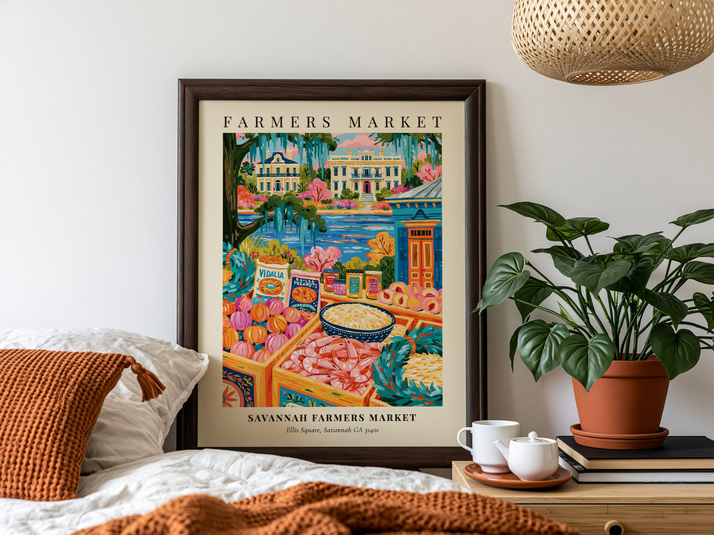 Savannah farmers market poster featuring colorful produce and local goods in a whimsical style