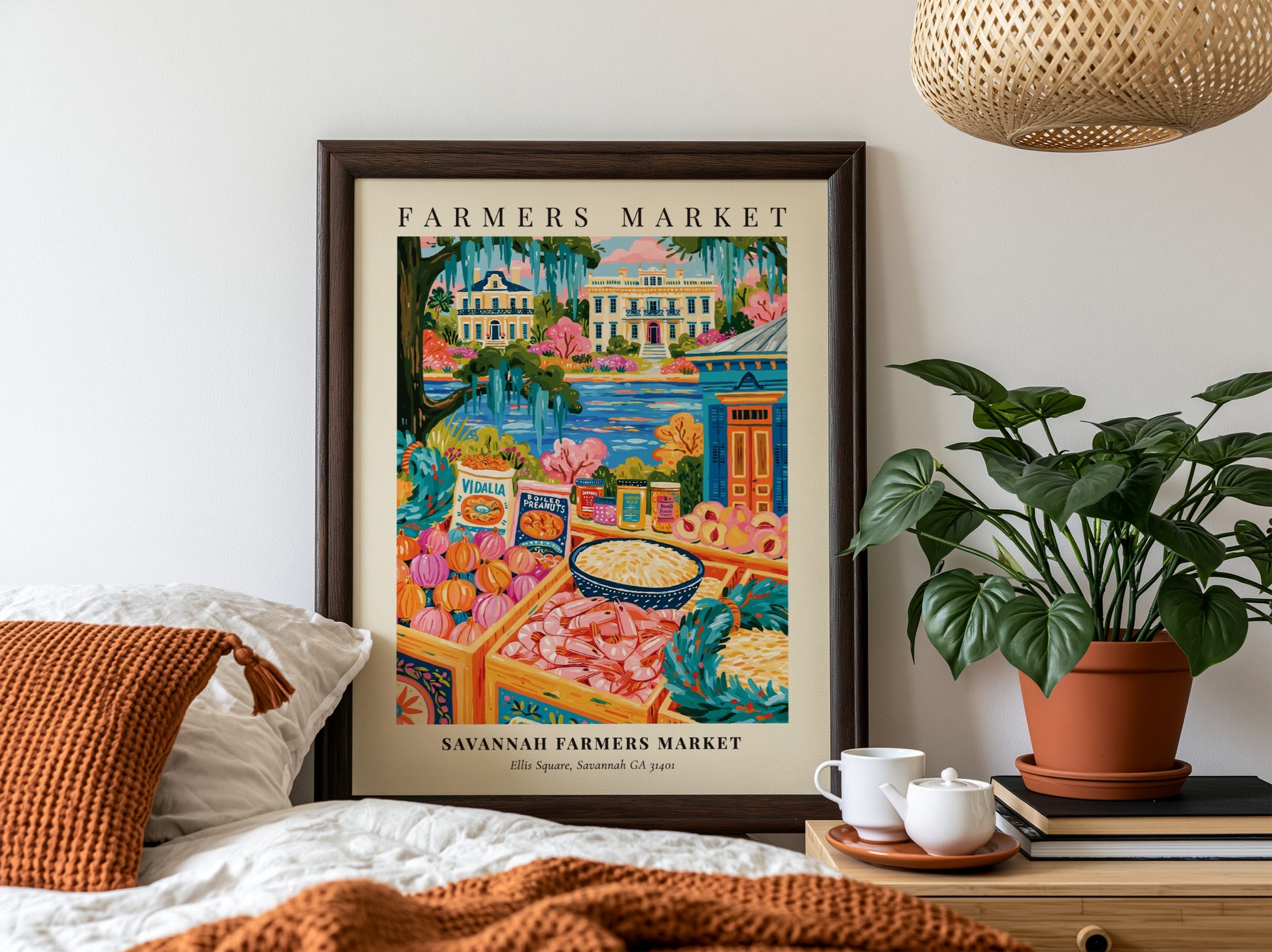 Savannah farmers market poster featuring colorful produce and local goods in a whimsical style