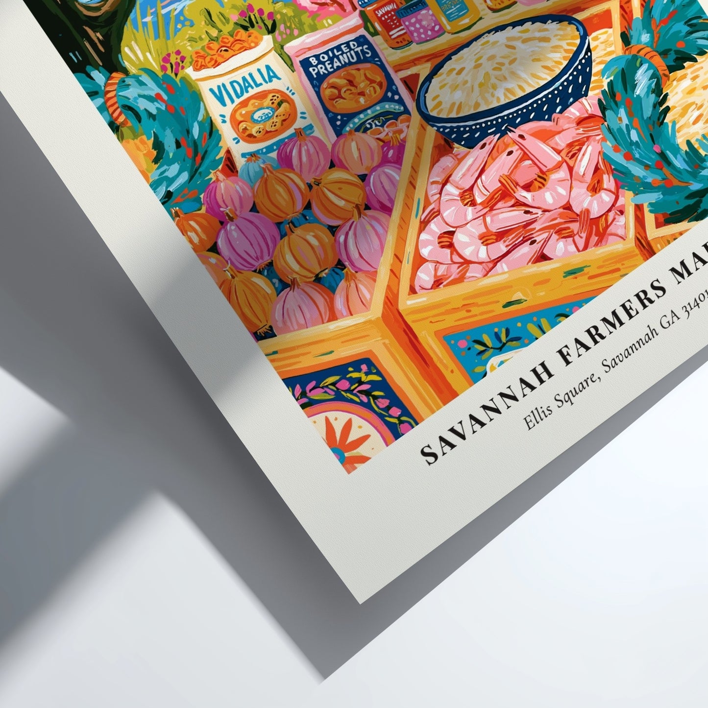 Savannah farmers market poster featuring colorful produce and local goods in a whimsical style
