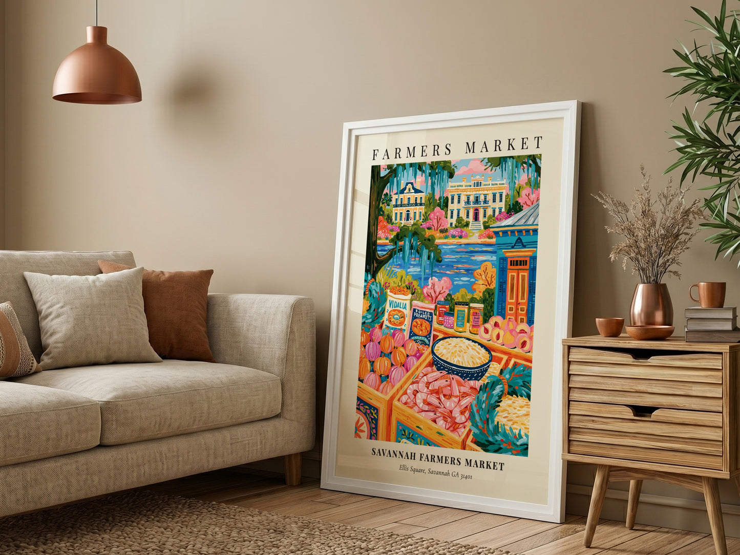 Savannah farmers market poster featuring colorful produce and local goods in a whimsical style