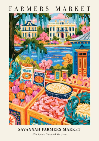 Savannah farmers market poster featuring colorful produce and local goods in a whimsical style