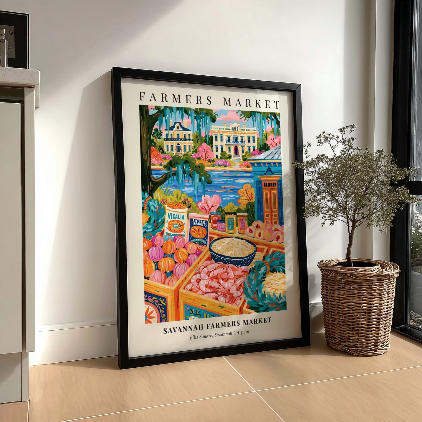Savannah farmers market poster featuring colorful produce and local goods in a whimsical style