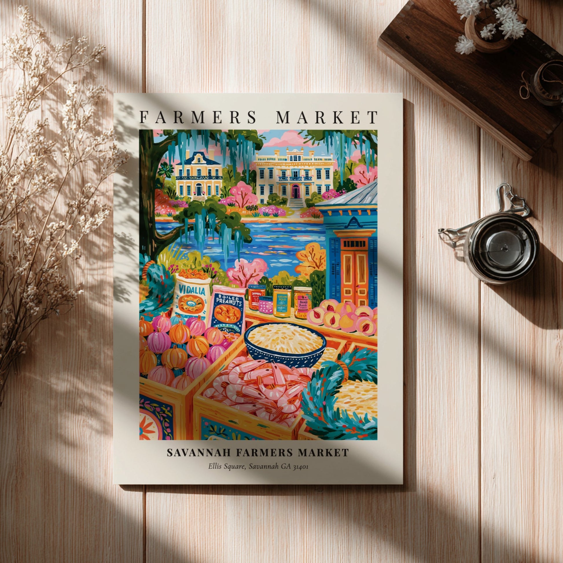 Savannah farmers market poster featuring colorful produce and local goods in a whimsical style