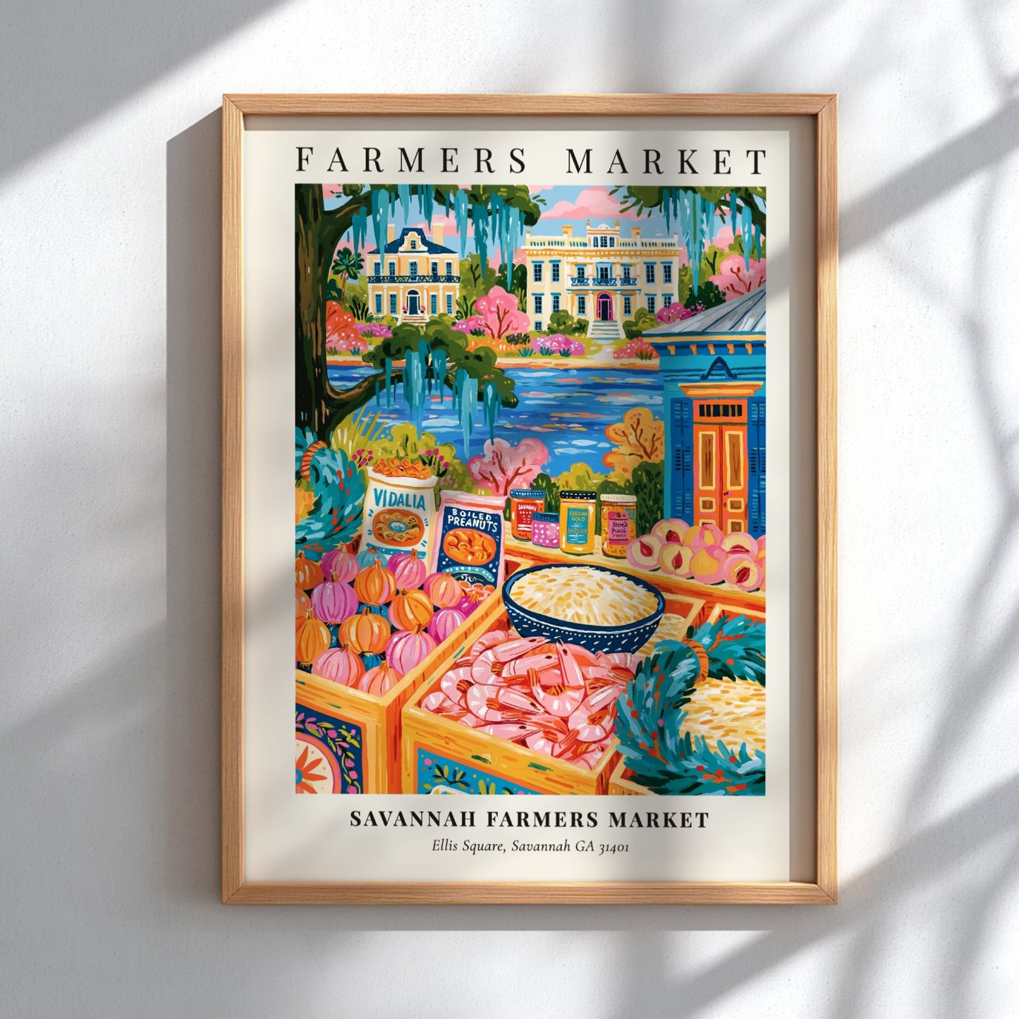 Savannah farmers market poster featuring colorful produce and local goods in a whimsical style