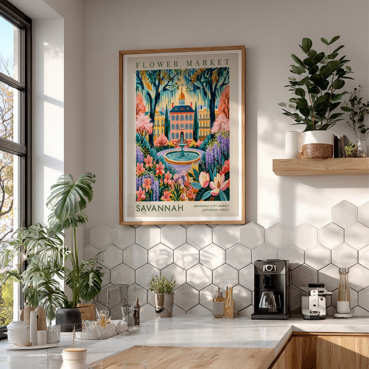 Flower market poster featuring vibrant blossoms and Savannah city architecture in a colorful design