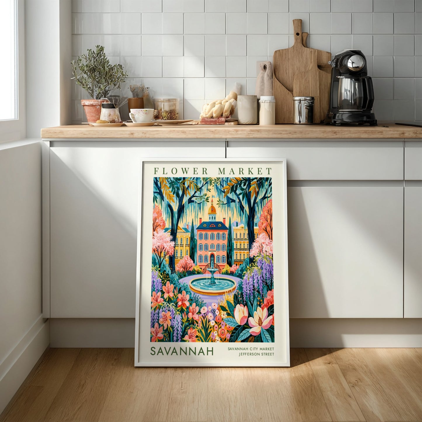 Flower market poster featuring vibrant blossoms and Savannah city architecture in a colorful design