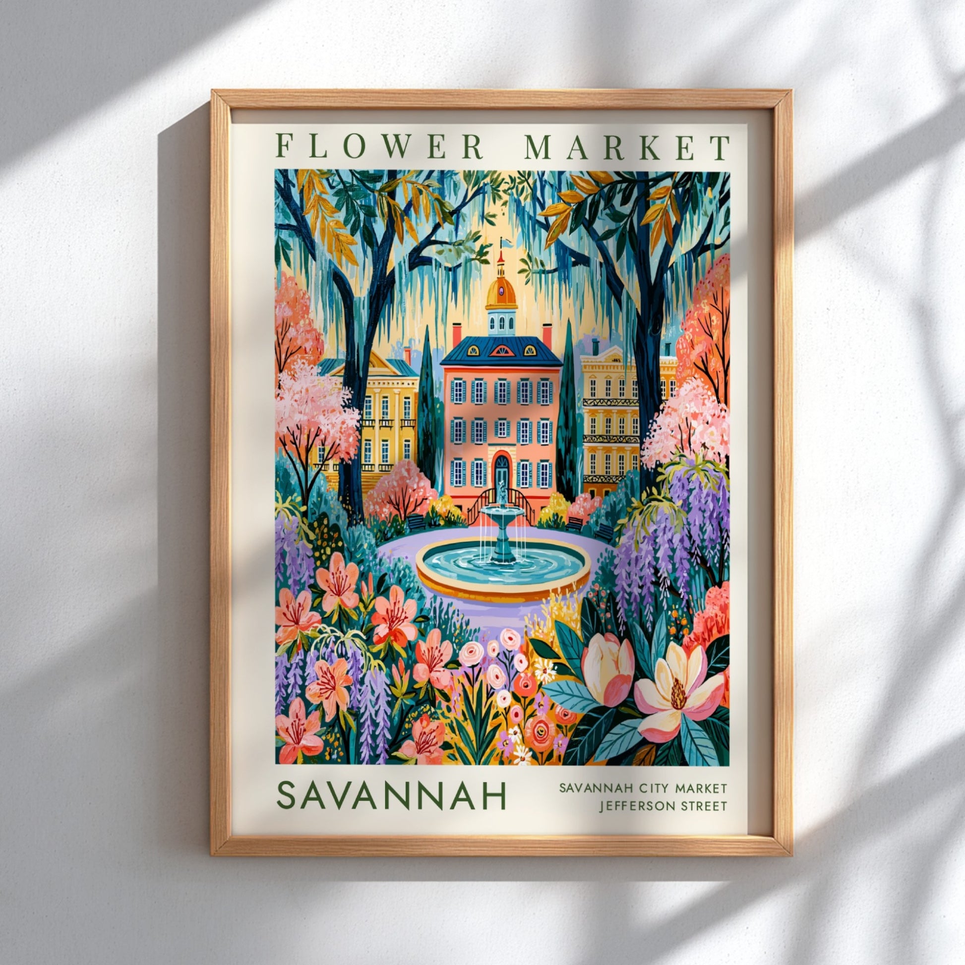 Flower market poster featuring vibrant blossoms and Savannah city architecture in a colorful design