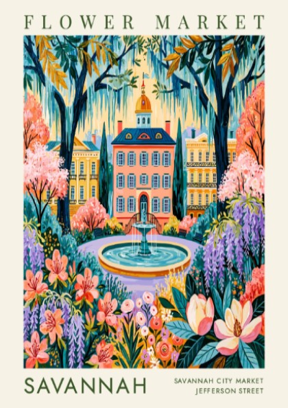 Flower market poster featuring vibrant blossoms and Savannah city architecture in a colorful design