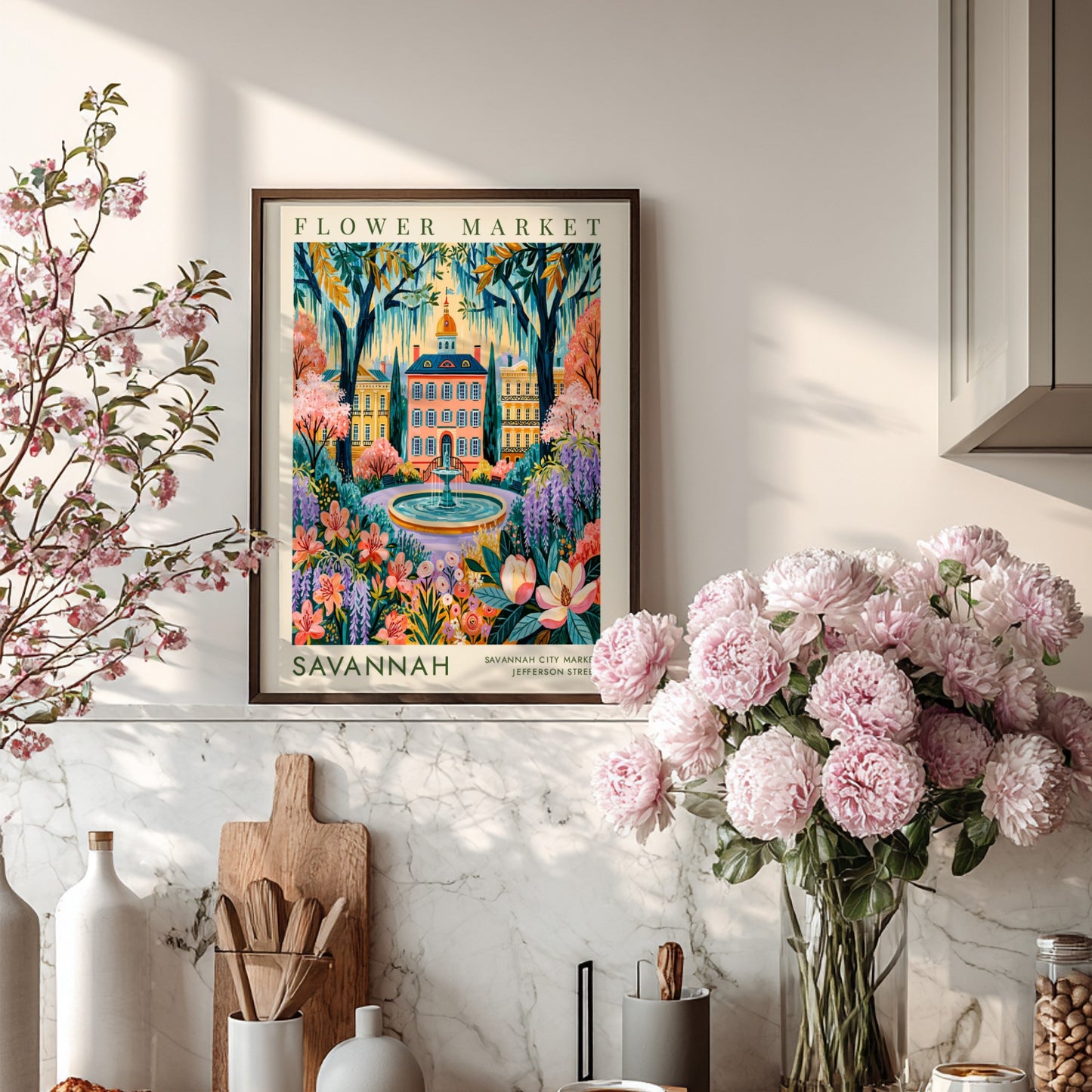 Flower market poster featuring vibrant blossoms and Savannah city architecture in a colorful design