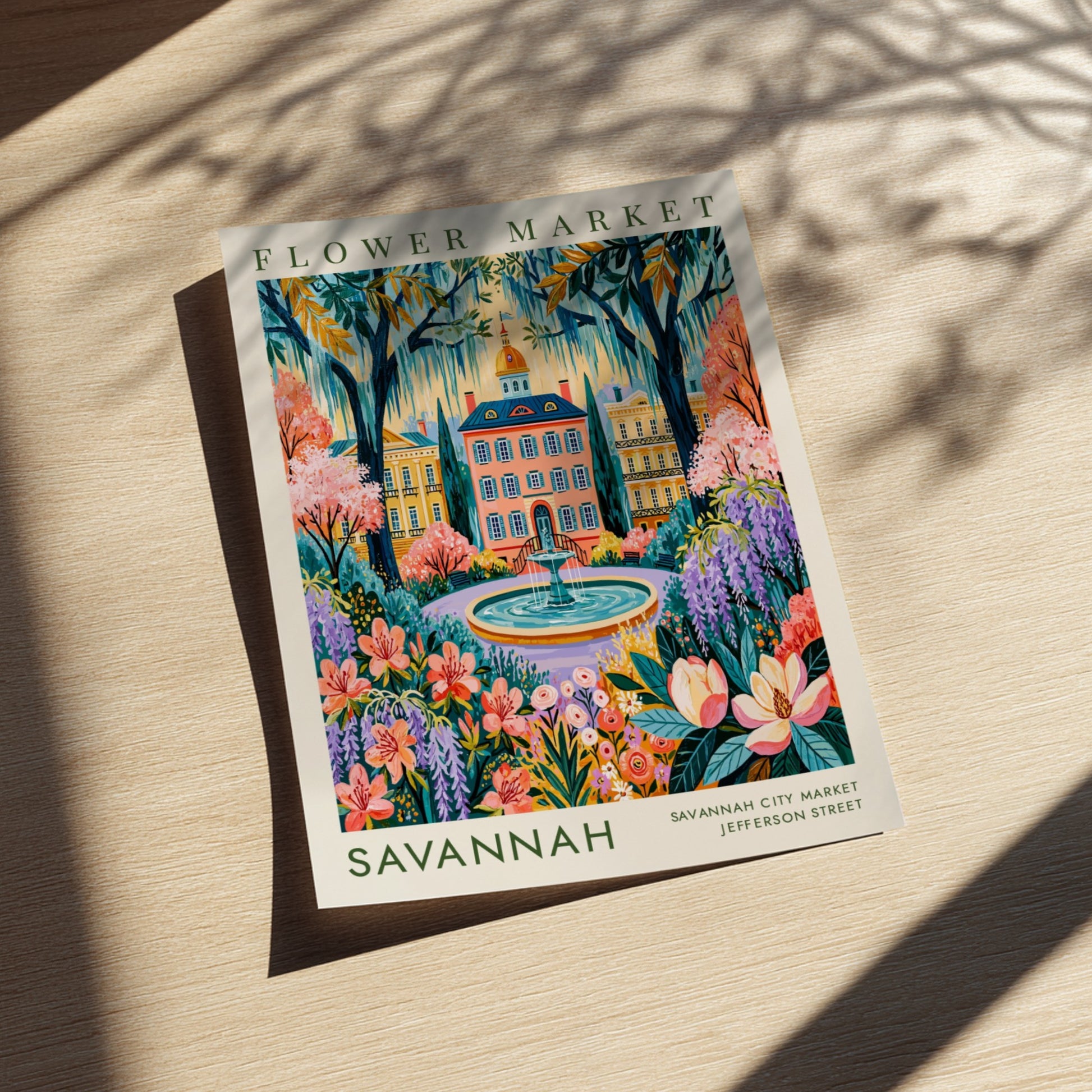 Flower market poster featuring vibrant blossoms and Savannah city architecture in a colorful design