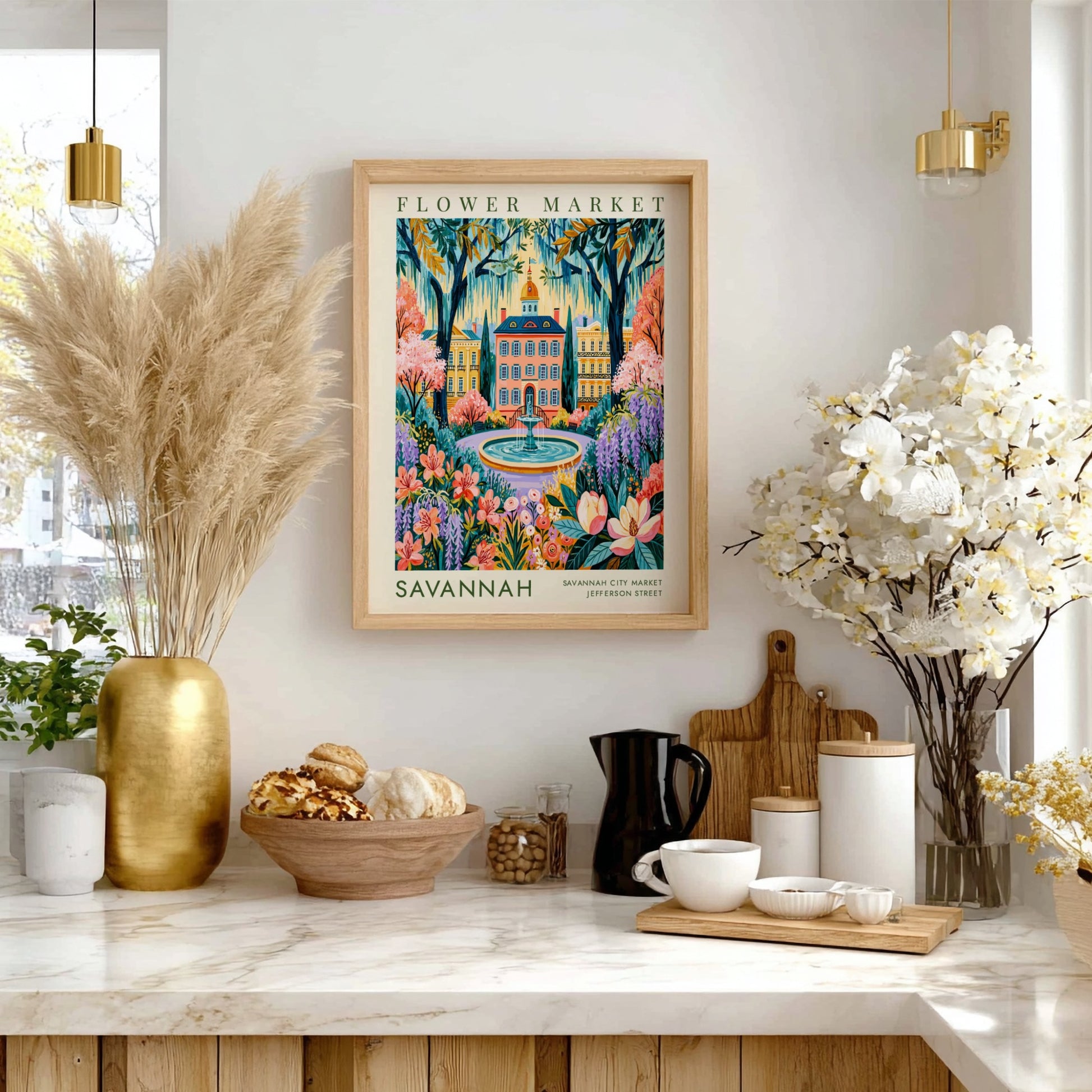 Flower market poster featuring vibrant blossoms and Savannah city architecture in a colorful design
