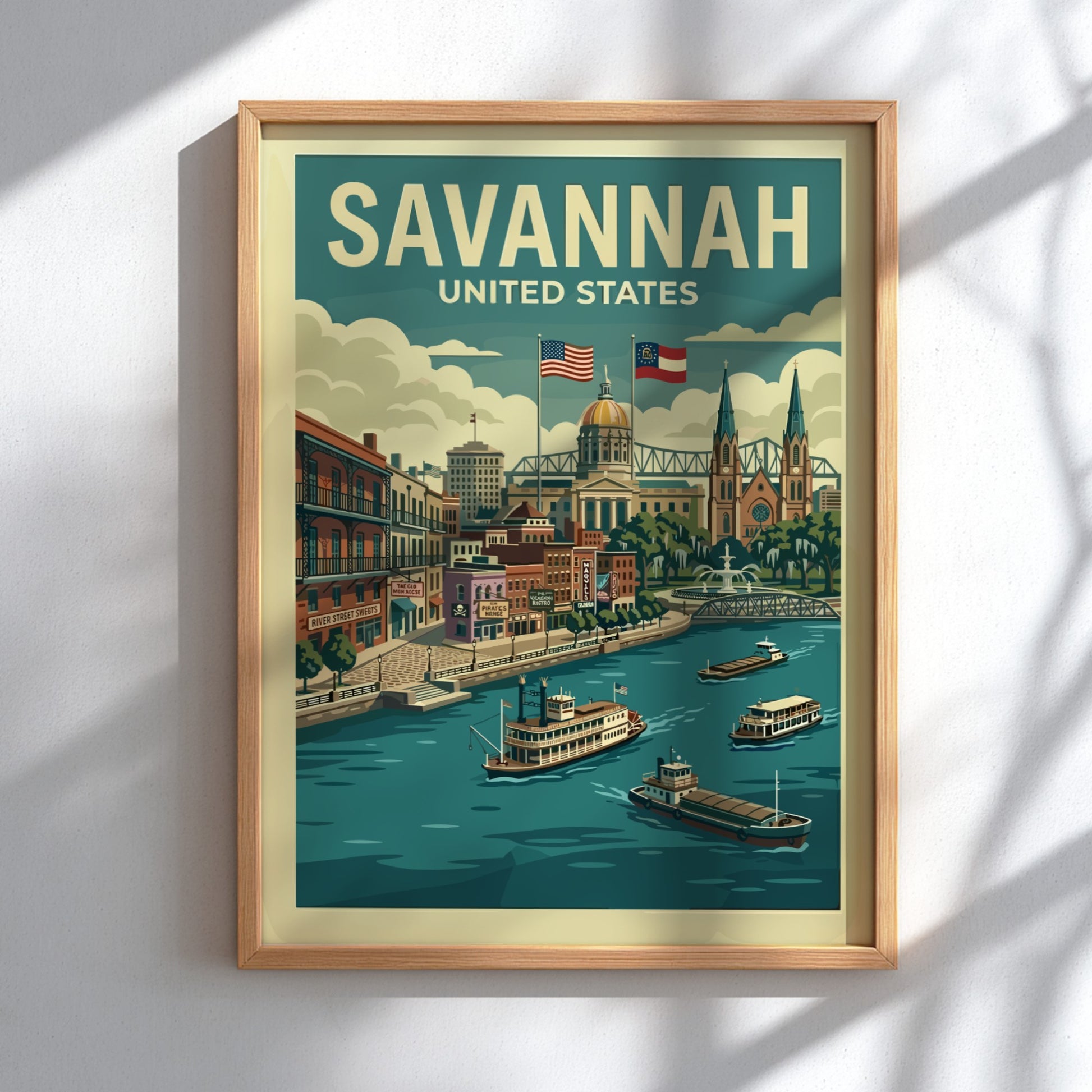 Vintage Savannah travel poster illustration of River Street with paddlewheel boats and historic buildings.