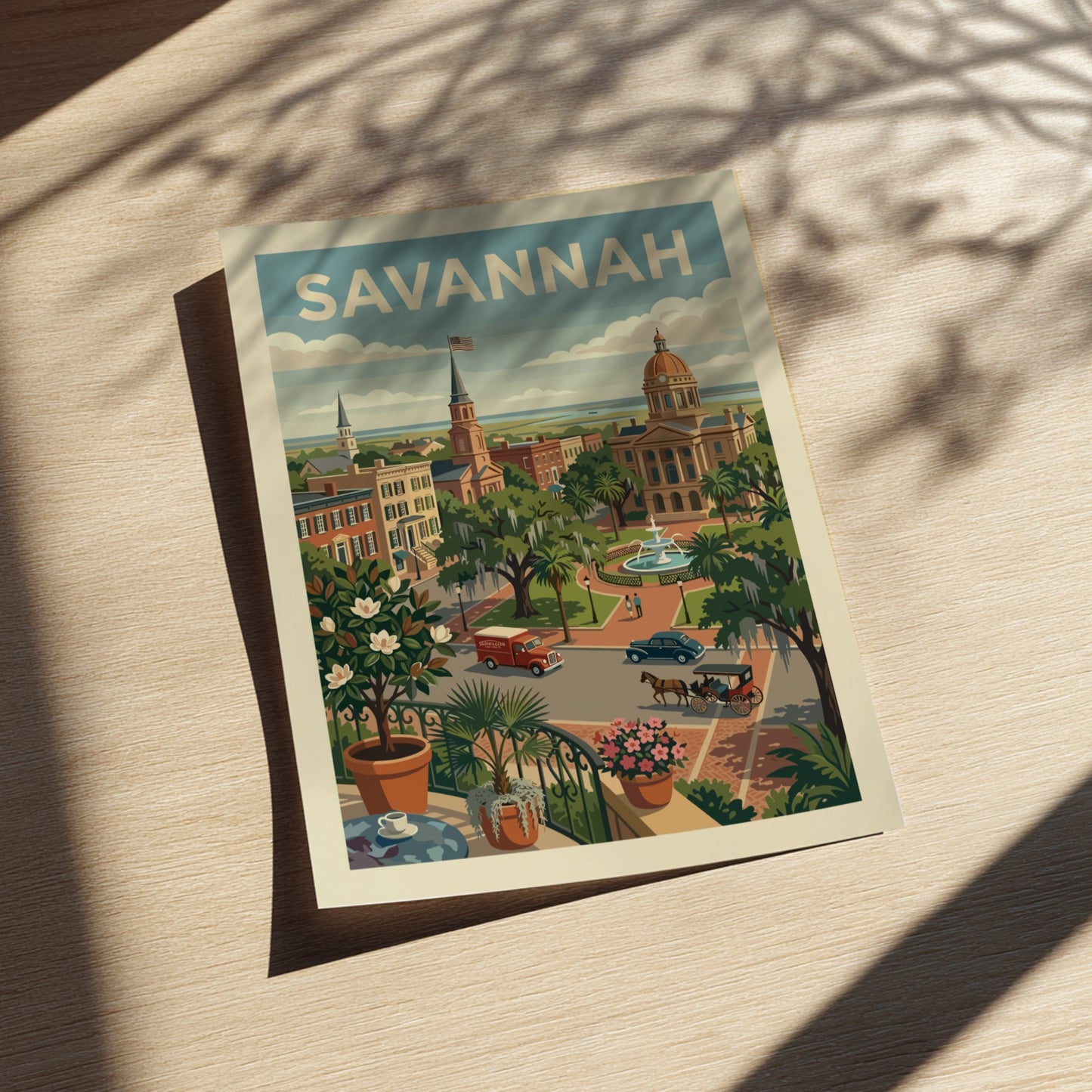 Vintage Savannah cityscape print with historic buildings, a fountain, and trees in a retro style.