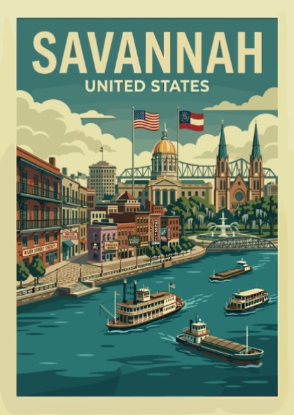 Vintage Savannah travel poster illustration of River Street with paddlewheel boats and historic buildings.