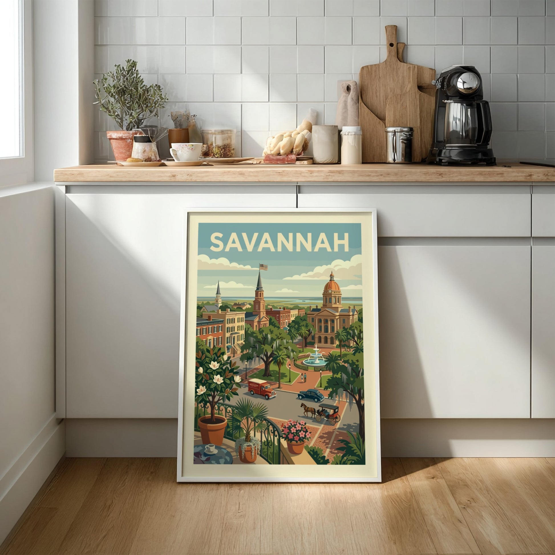 Vintage Savannah cityscape print with historic buildings, a fountain, and trees in a retro style.