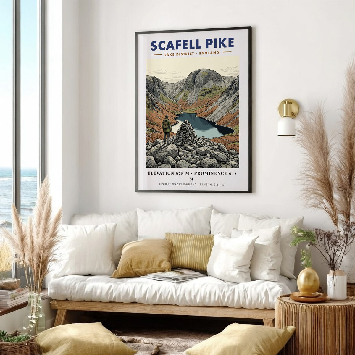 Poster featuring a hiker looking at Scafell Pike mountain in the Lake District.