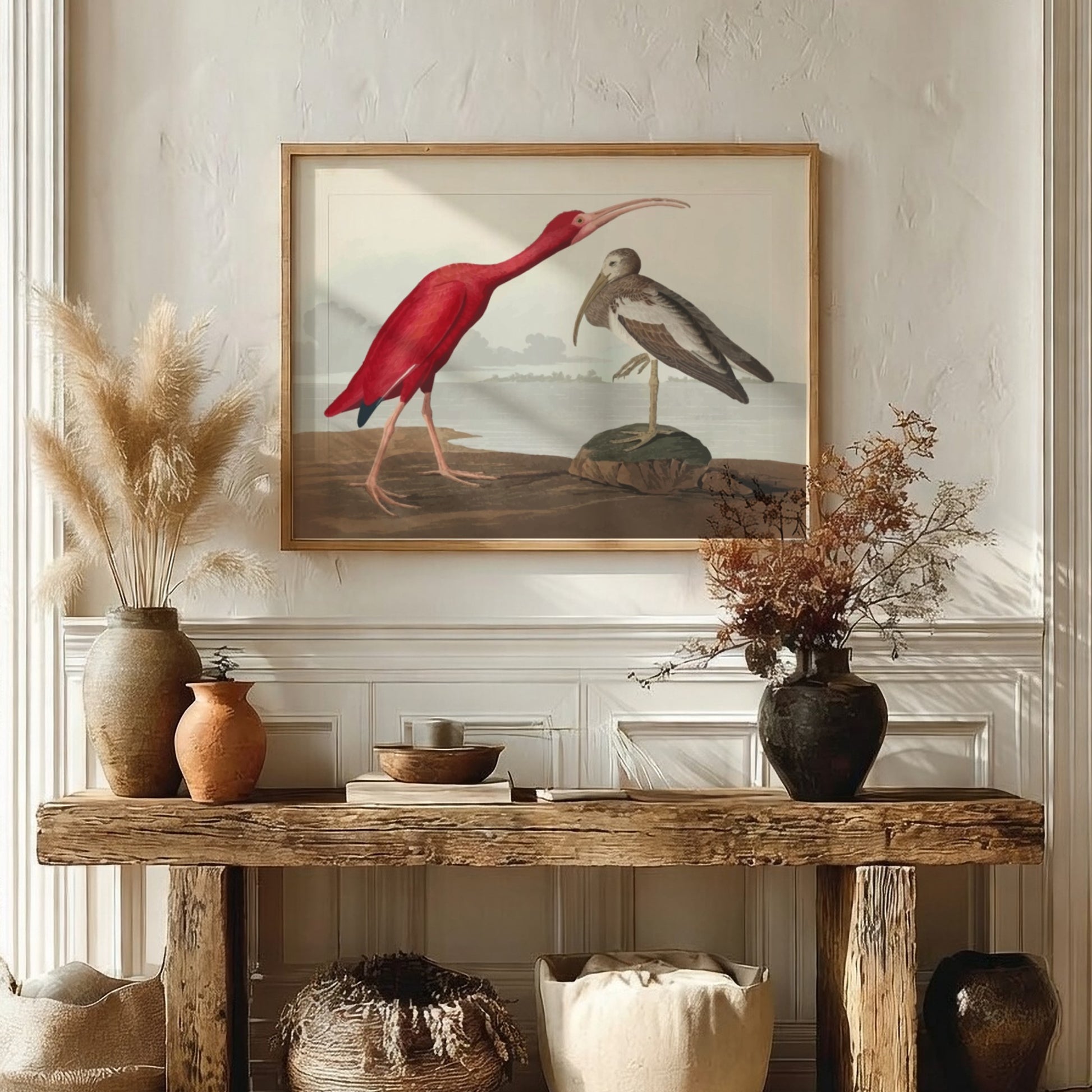 Scarlet Ibis art poster featuring vibrant red colors and intricate wildlife design, perfect for nature decor.