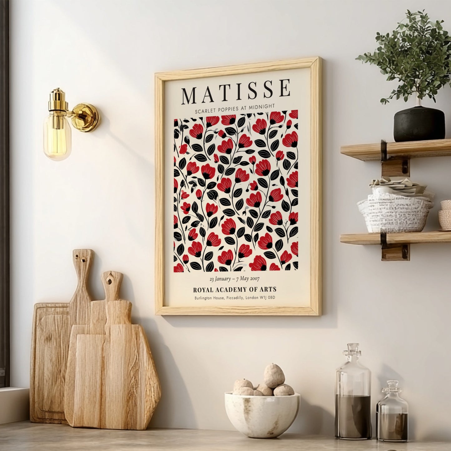 Scarlet Poppies poster featuring bold red flowers on a black background, Henri Matisse style, floral art for