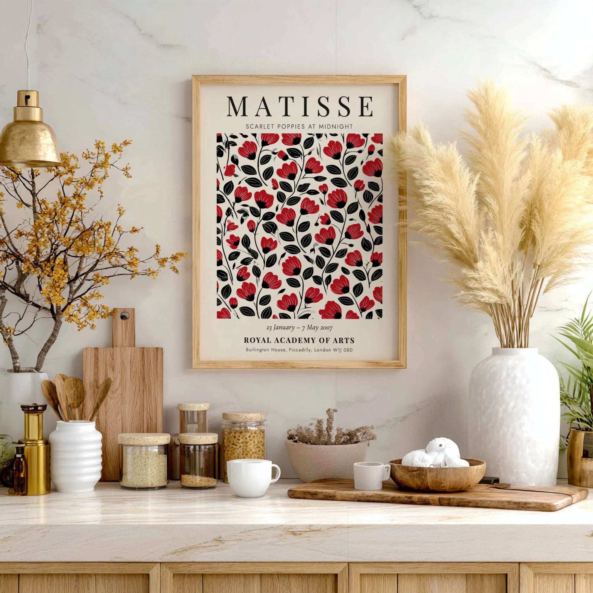Scarlet Poppies poster featuring bold red flowers on a black background, Henri Matisse style, floral art for
