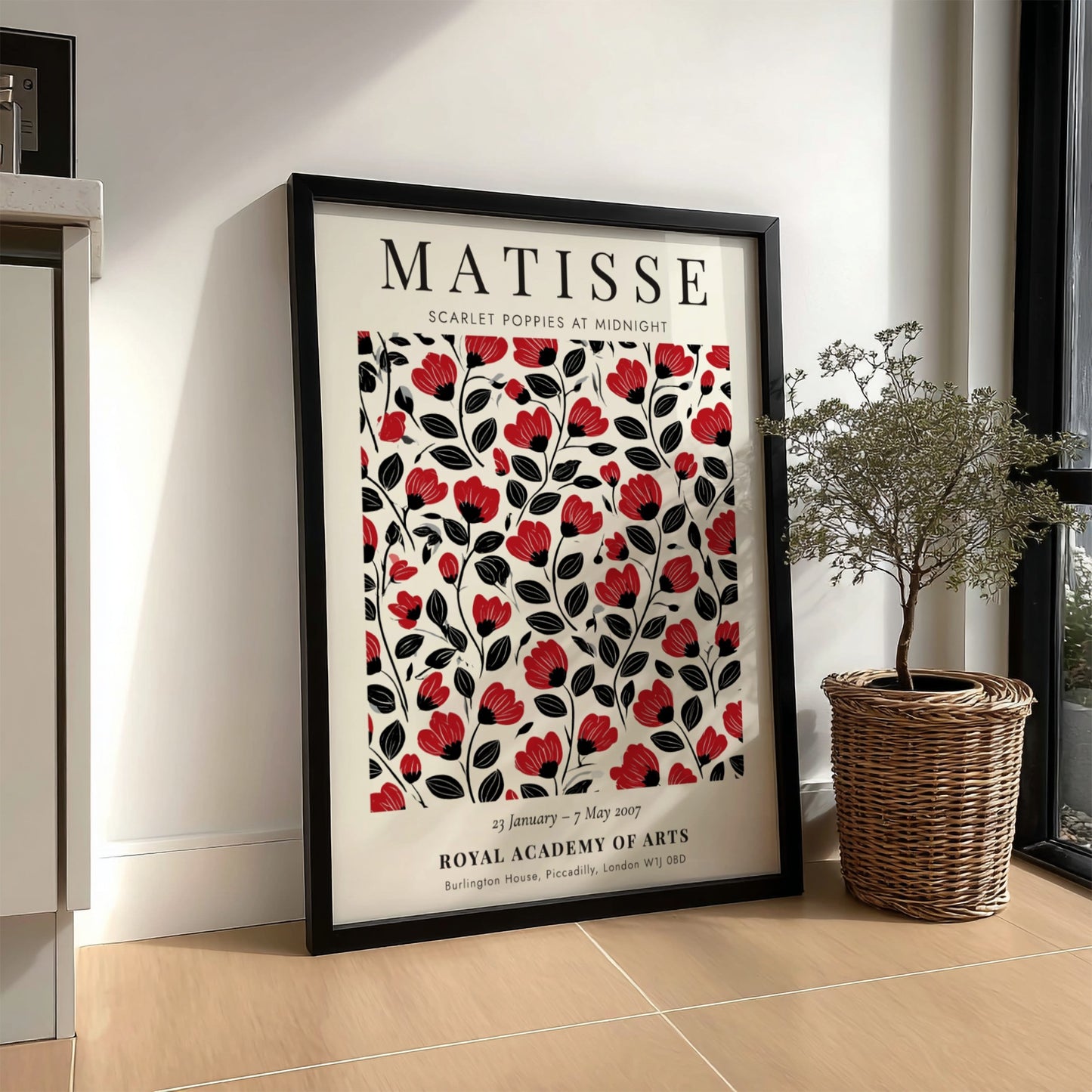 Scarlet Poppies poster featuring bold red flowers on a black background, Henri Matisse style, floral art for