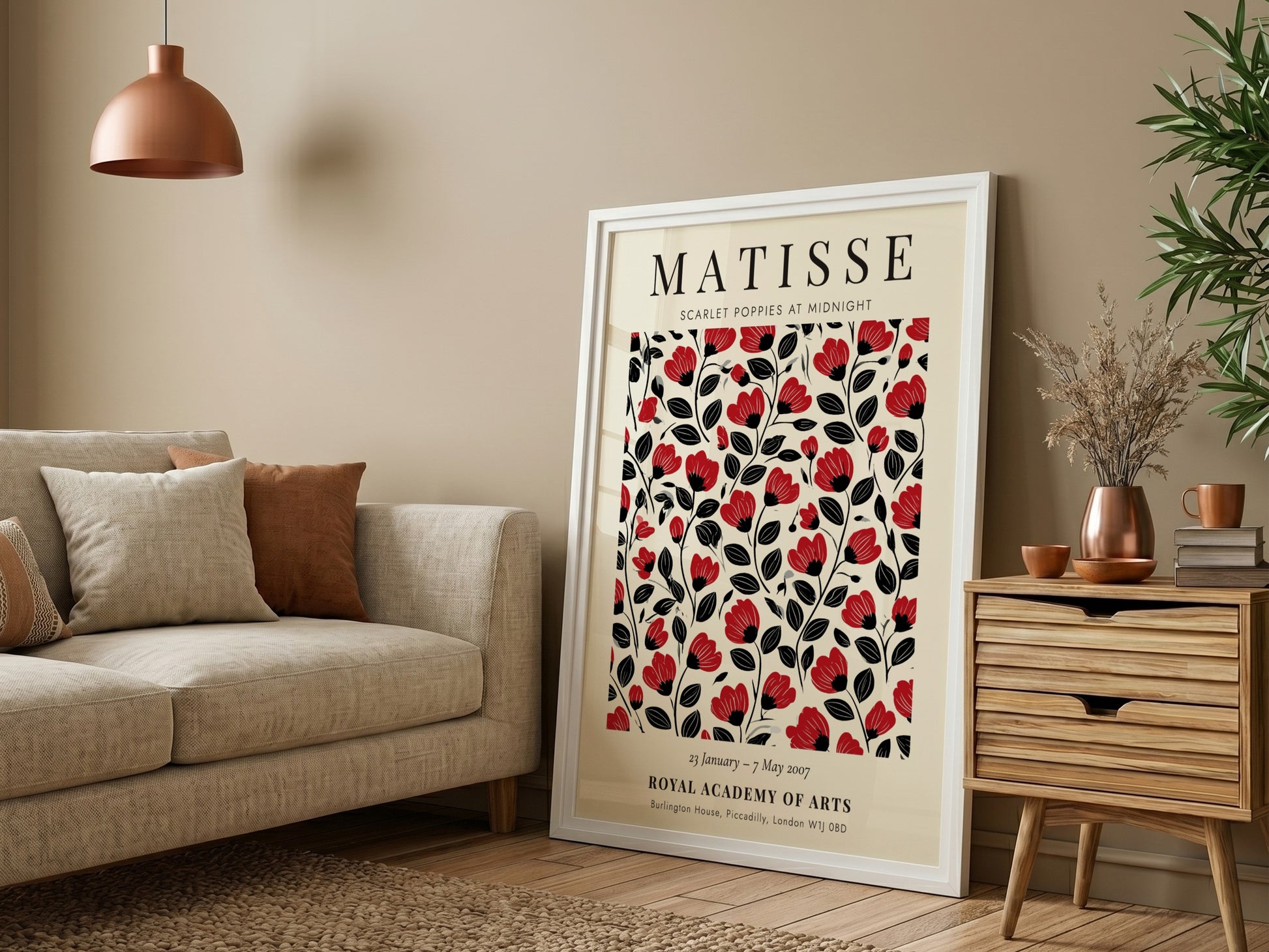 Scarlet Poppies poster featuring bold red flowers on a black background, Henri Matisse style, floral art for