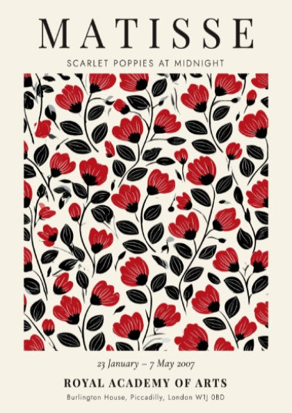 Scarlet Poppies poster featuring bold red flowers on a black background, Henri Matisse style, floral art for
