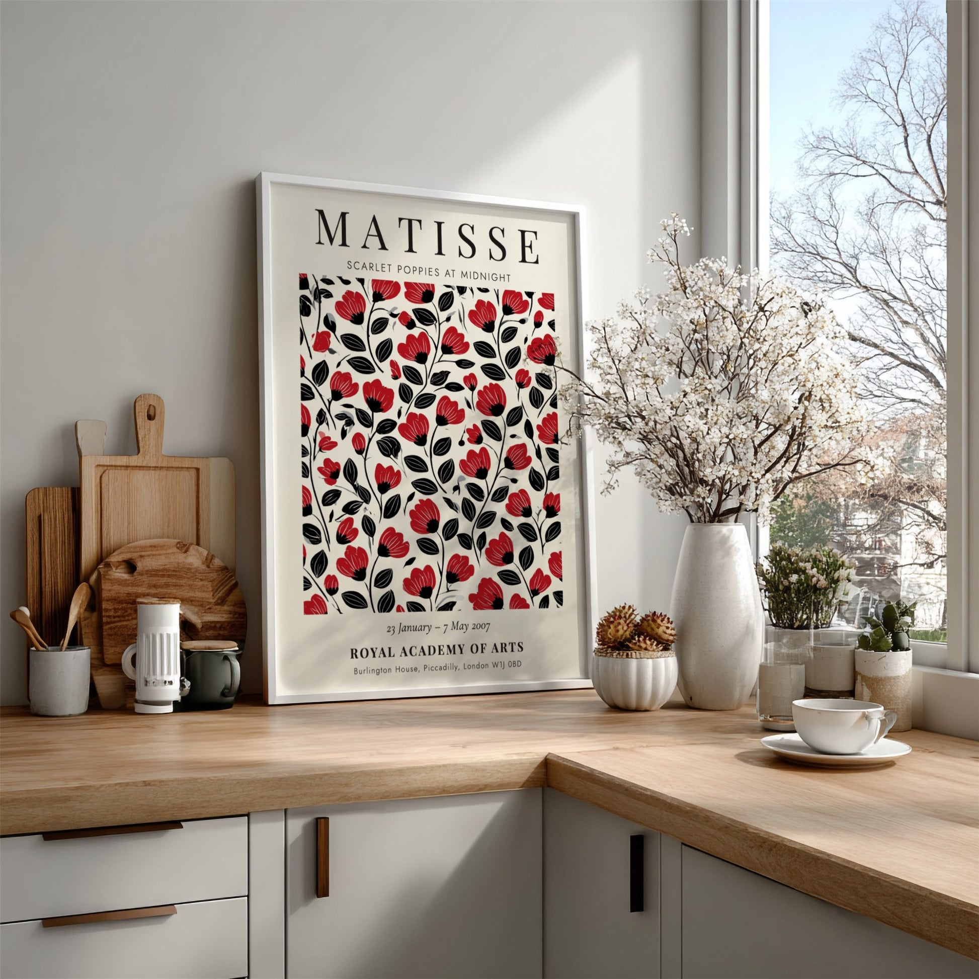 Scarlet Poppies poster featuring bold red flowers on a black background, Henri Matisse style, floral art for