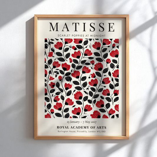 Scarlet Poppies poster featuring bold red flowers on a black background, Henri Matisse style, floral art for