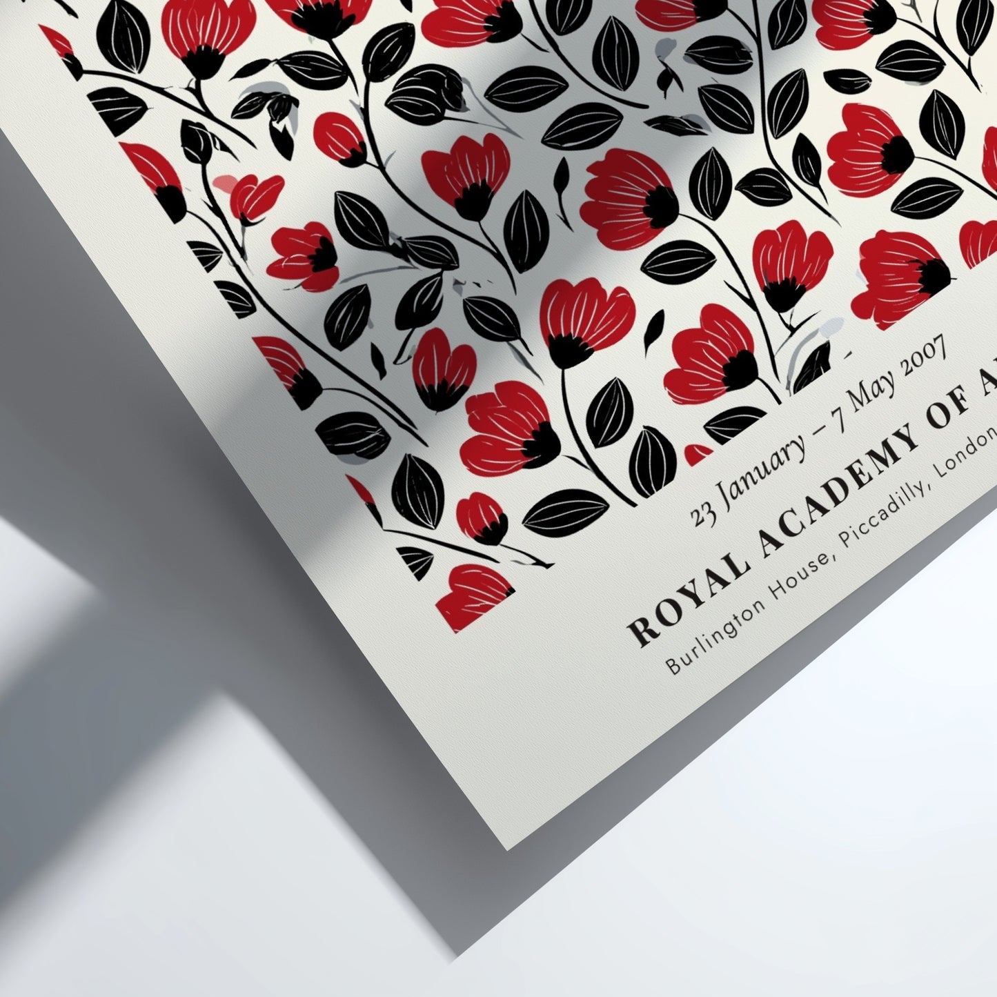 Scarlet Poppies poster featuring bold red flowers on a black background, Henri Matisse style, floral art for