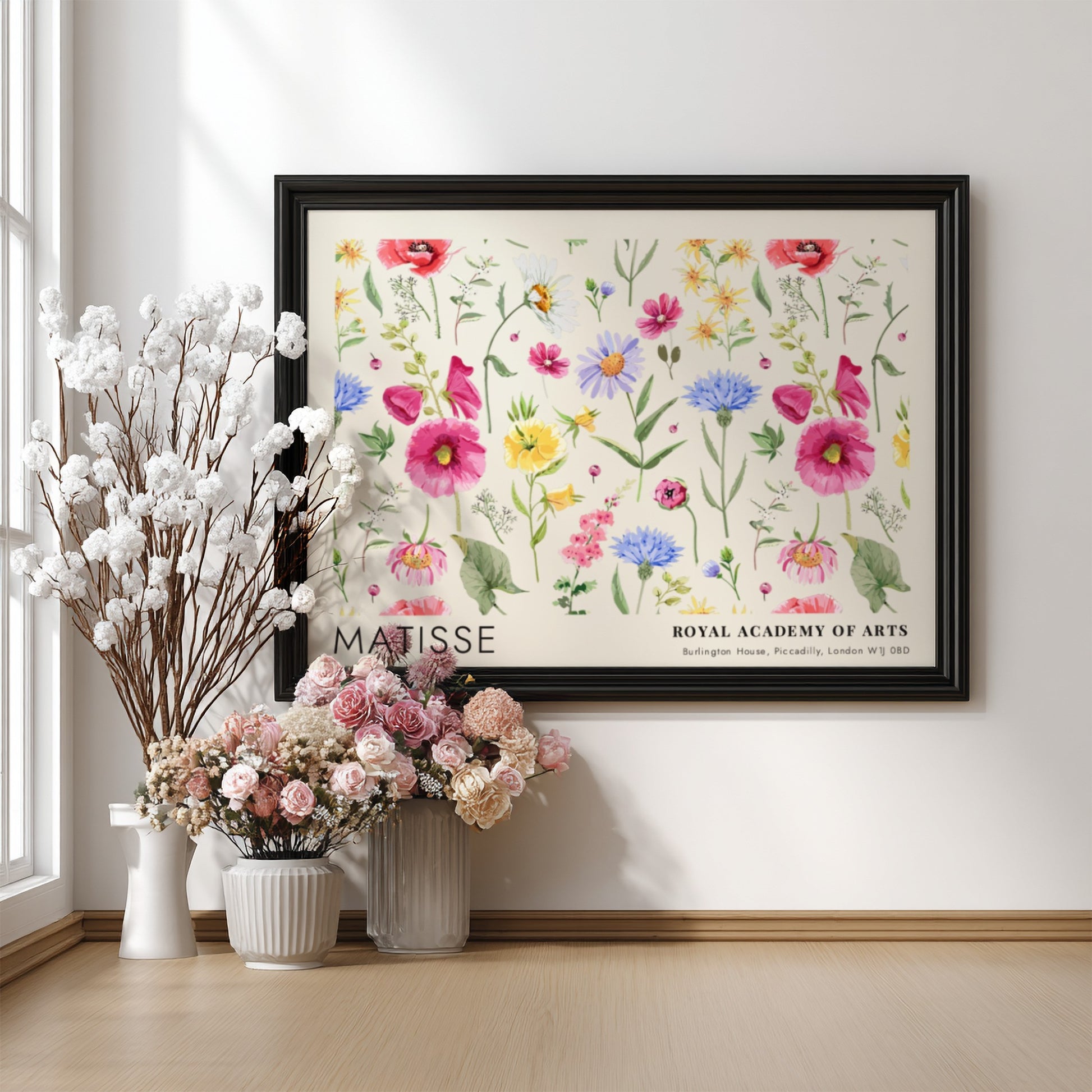 Scarlet Poppies at Midnight poster showcasing vibrant flowers in red and pink, a floral wall art by Henri