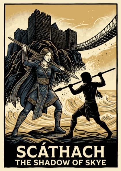 Poster of Scathach the Shadow of Skye wielding a spear before a coastal castle.