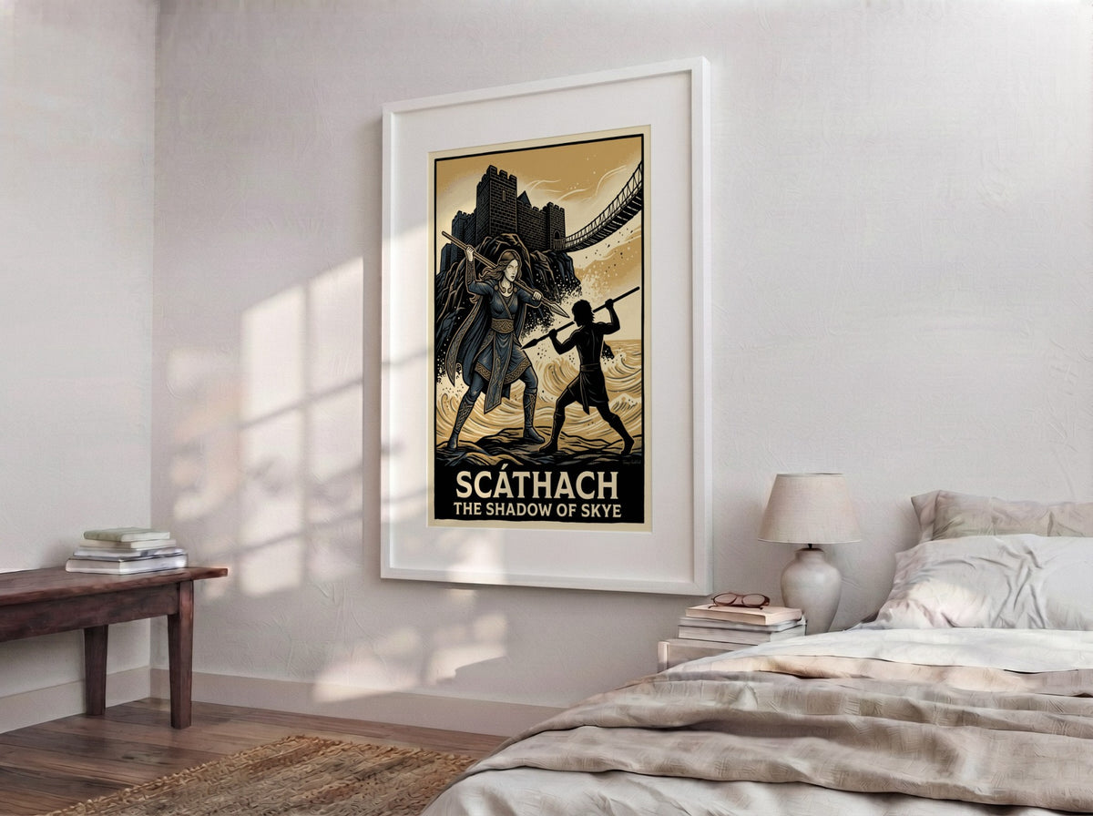 Poster of Scathach the Shadow of Skye wielding a spear before a coastal castle.