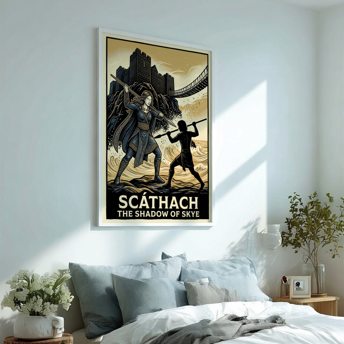 Poster of Scathach the Shadow of Skye wielding a spear before a coastal castle.